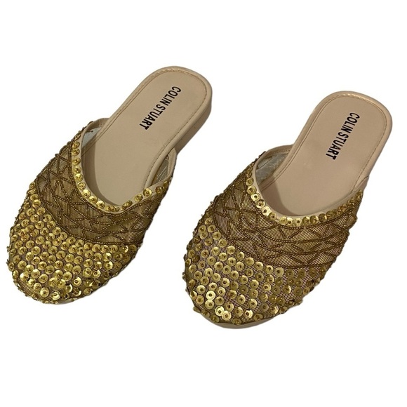 COLIN STEWART - SIZE 7 - RICH GOLD TONE MESH & SEQUINS -SLIP ON SLIDES SLIPPERS7 - Picture 1 of 11